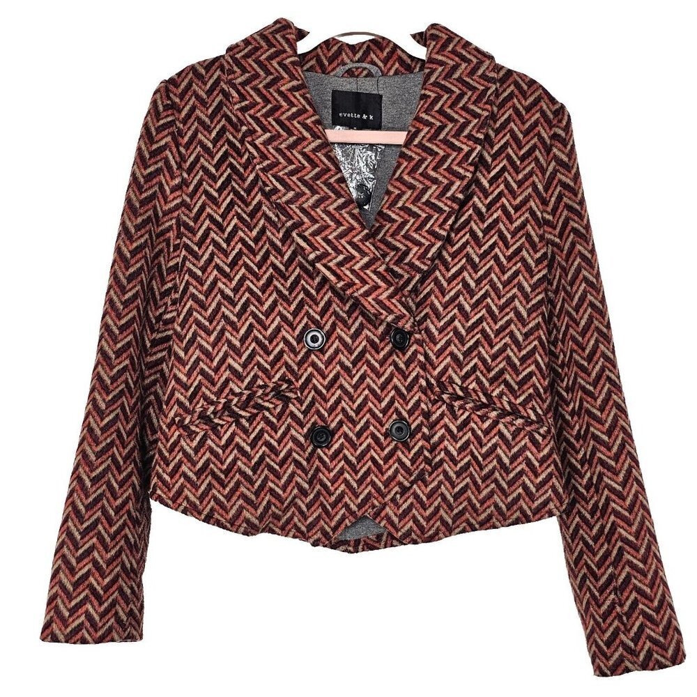 Evette & K Cabernet Double Breasted Womens Peacoat Size Medium Blazer Chevron